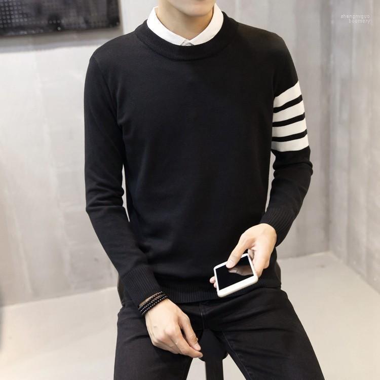 

Men's Arm Four Rods Solid Color Sweater Youth Round Neck Three Pullover Autumn And Winter Sweaters, Black