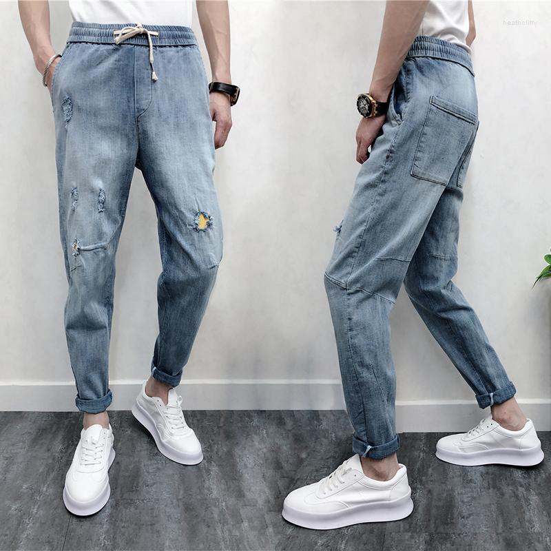 

Men's Jeans Summer Men Slim Blue Ripped Mid Elastic Waist Denim Harem Pants Big Crotch Ankle-Length Pencil Trousers Street FashionMen's Heat