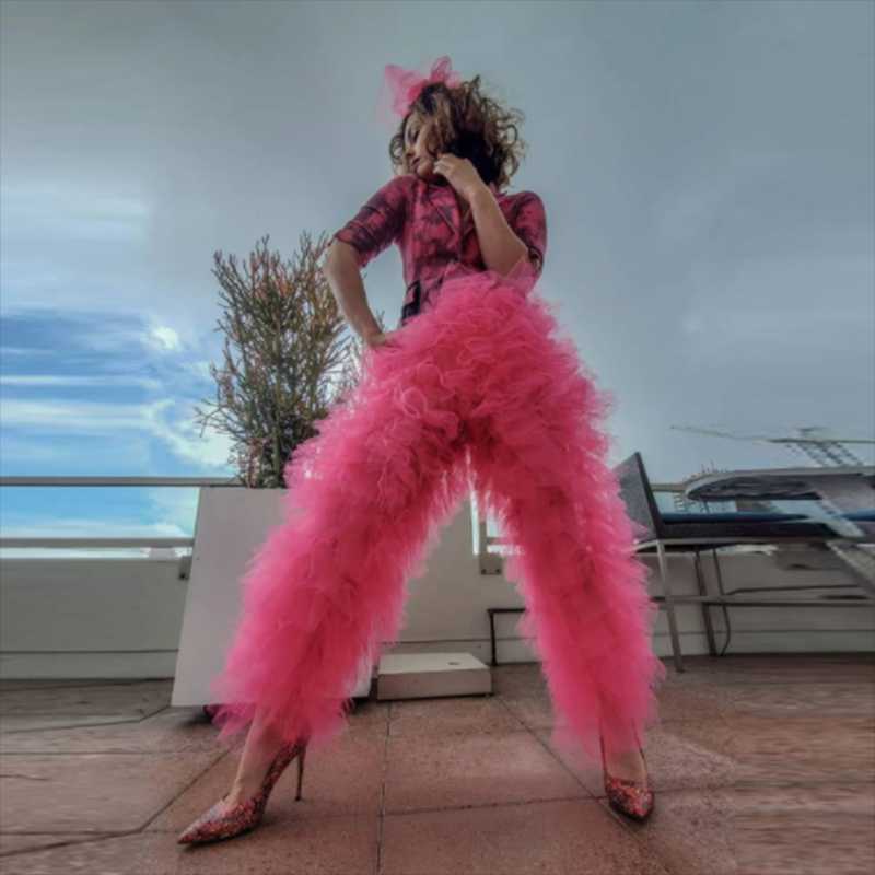 

Skirts Fashion High Street Style Tiered Ruffle Tulle Women Pants Elastic Waistband Extra Puffy Pant Custom Made Any ColorSkirts, Beige