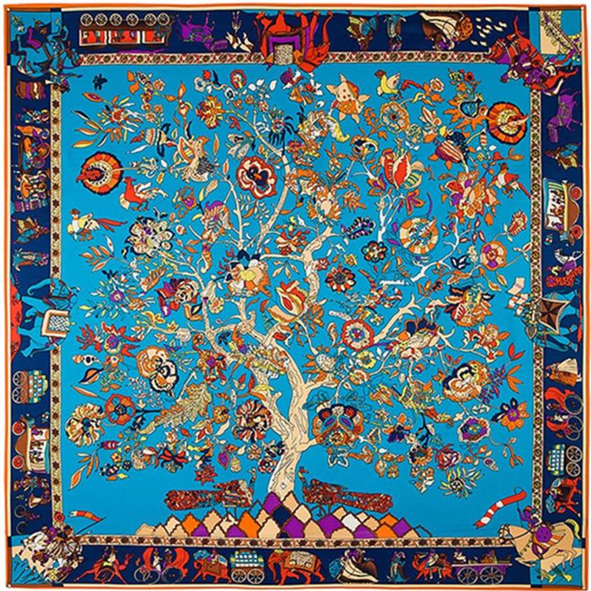 

Square Tree Floral Print Scarf Women Shawls Foulard Femme Blue Large Twill Silk Scarfs Drop 130*130CM210T269O