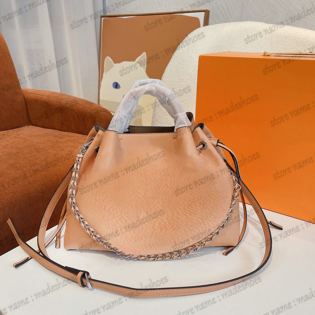 

Bella Tote 22SS Mahina Drawstring Bag Perforated Calf Leather Handbag Women Luxury Designer Organized Handle Bucket Bag Large Capacity Jewel-like Chain
