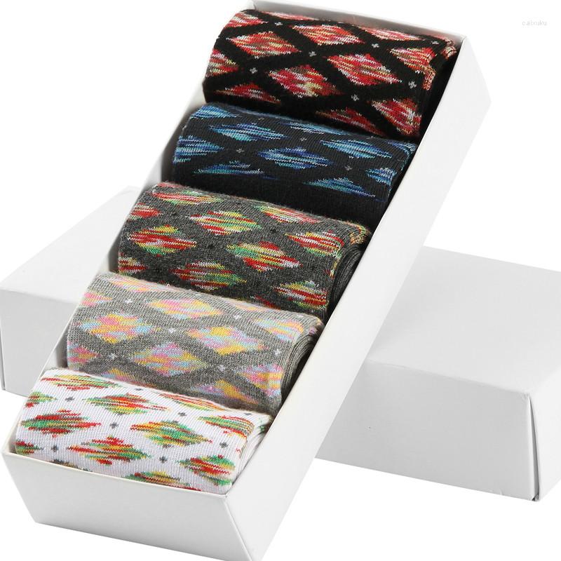 

Men's Socks 5 Pair/Lot Cotton Mens Compression Colorful Diamond Funny Casual Crew Men Size 39-43, Black