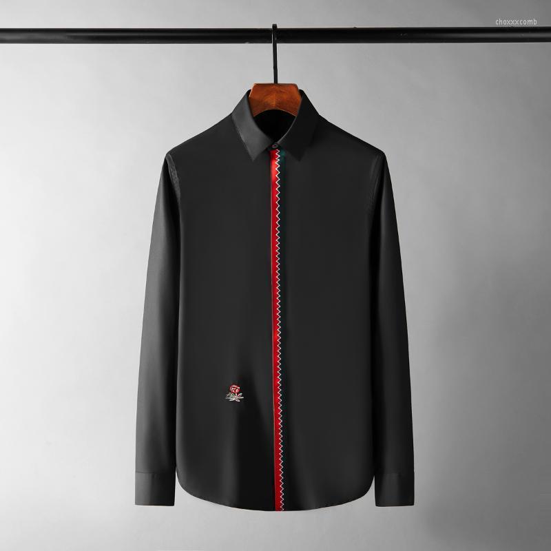 

Men's Casual Shirts Floral Embroidery Male Luxury Long Sleeve Ribbon Placket Mens Dress Fashion Slim Fit Party Man Shirt, White