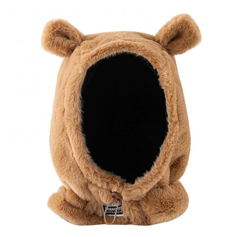 

Berets 066F Thermal Hood 2 In 1 Cute Bear Ear Hat Bib Balaclavas Neck Gaiter Windproof All-match For Chilly Outdoor Activities, Black