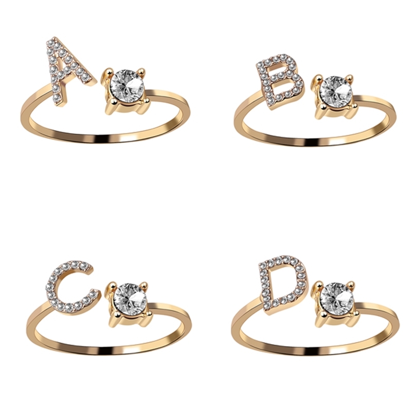 

A Z Letter Gold Silver Color Adjustable Opening Ring Initials Name Alphabet rhinestones Female Finger Rings Party Jewelry Gift 220615