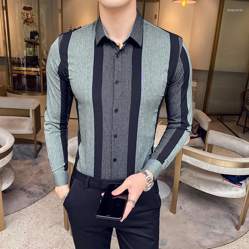 

Men's Casual Shirts Korean Style Long-sleeved Striped Shirt Men's Clothing 2022 Spring High-quality Fashion Slim-fit Business Wrinkle-fr, Green