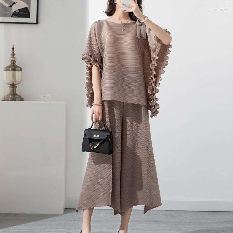 Pantalon deux pièces femme Miyake taille plissée femmes ensembles T-shirt à manches longues chemise ample haut pantalon jambe large femme vêtemen