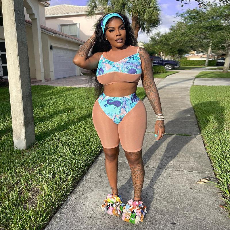 

Women' Tracksuits Wishyear 2022 Sexy Two Piece Set Summer Club Outfits Women Nude Sheer Mesh Insert Biker Shorts And Crop Top Matching Sets, Blue
