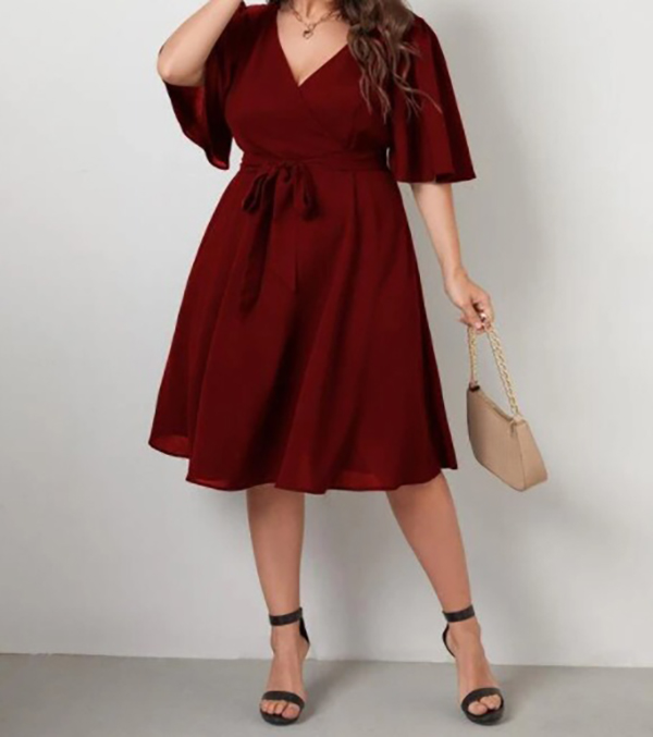 

Plus size Dresses Butterfly Sleeve Self Tie Dress d354#, Black