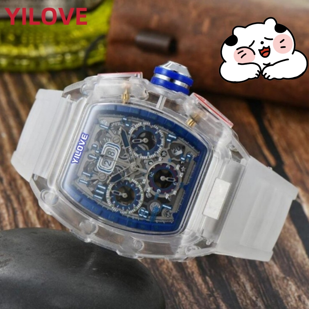 

High Quality Mens 43MM Watch All Dials Work Stopwatch Clock Quartz Imported Movement Wholesale Male Gifts Waterproof Rubber Strap Hollowed Sports Wristwatches, As pic