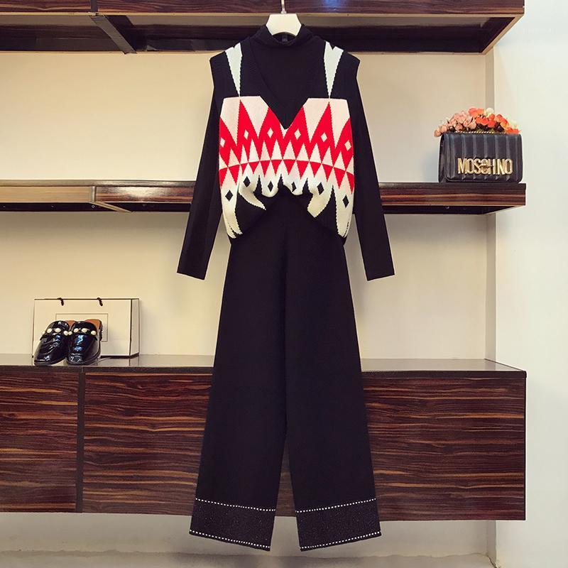 

Women's Two Piece Pants Plus Size Sets Winter Warm Knitted 3 Korean Long Sleeve Turtleneck Top Vintage Print Vest Wide Leg, Red three-piece suit