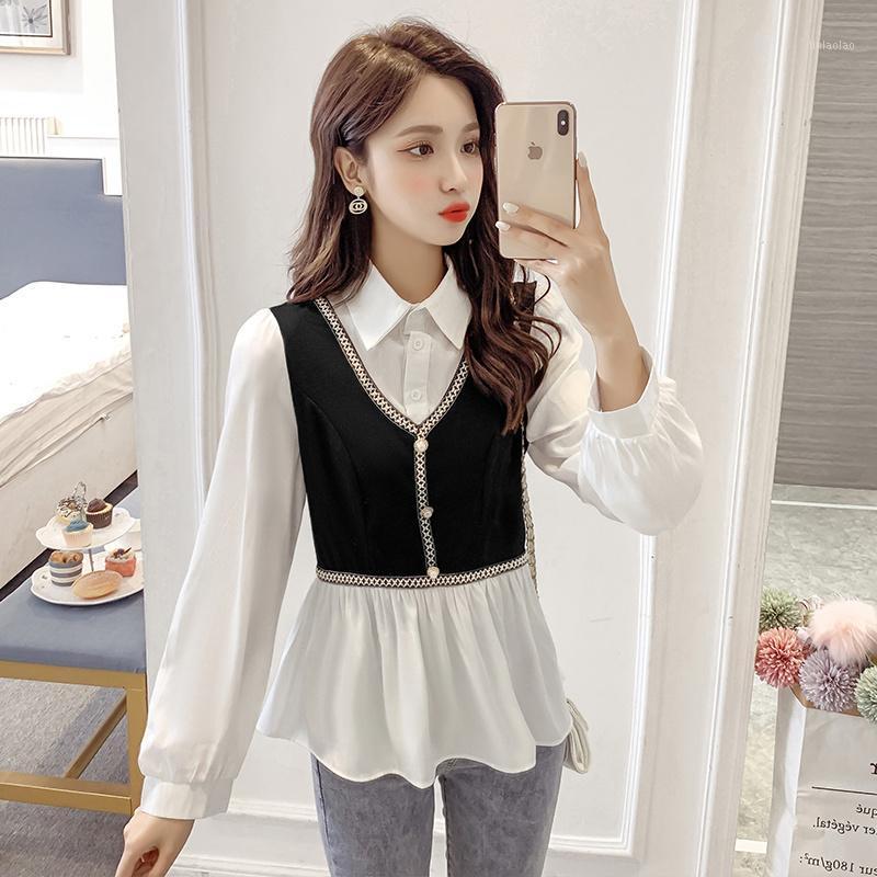 

Women' Blouses & Shirts #4009 Spring Flase Two Piece Blouse Women Slim Korean Style Long Sleeved Femme Embroidery Sexy Womens Tops And, Black