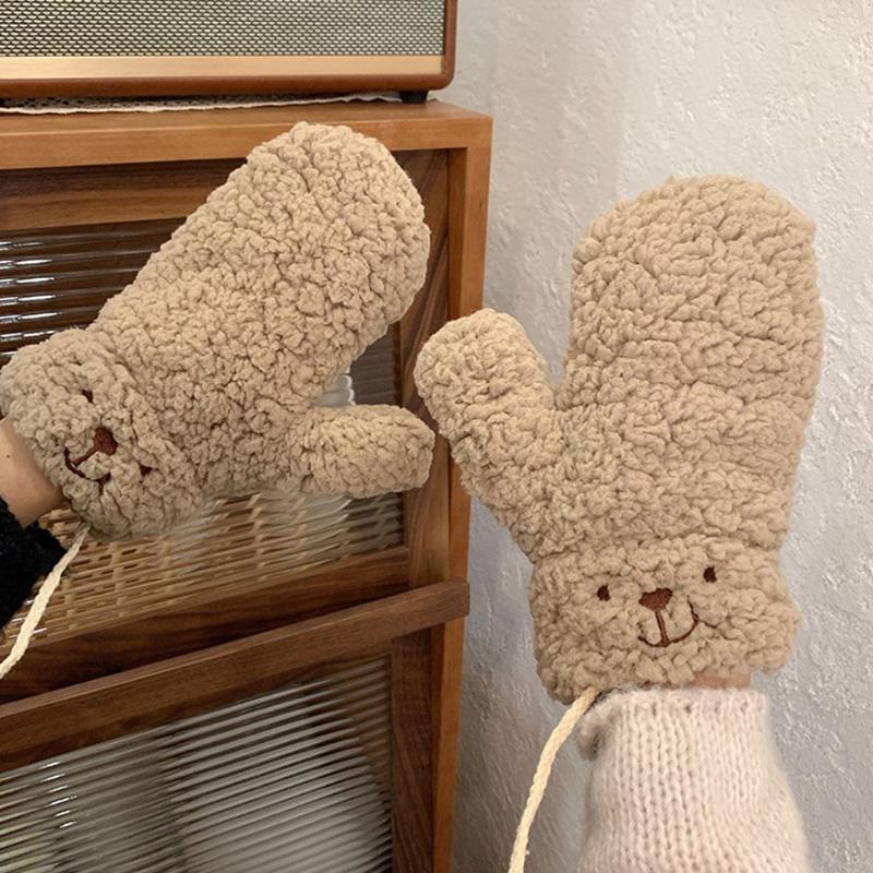 

Five Fingers Gloves Cute Thickened Outdoor Plush Furry Mittens Warm Hanging Neck Cartoon Bear