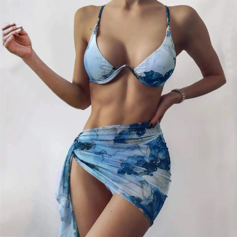 

Women' Swimwear 2022 Sexy Three Pieces Bikini Set Cover Up Skirt Women Swimsuit Print Bathing Suit Beachwear Swimming Biquini