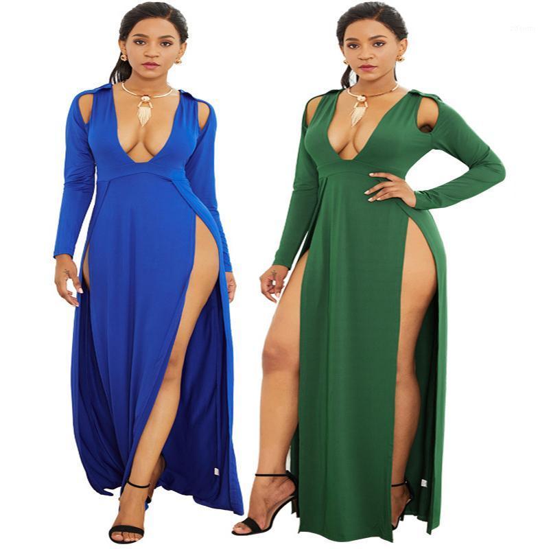 

Casual Dresses WOHUADI Sexy Deep V-Neck Slit Dress Long Sleeves Vintage Women Clothes Female Dinner Evening Party Outfits Size -3XL, Blue