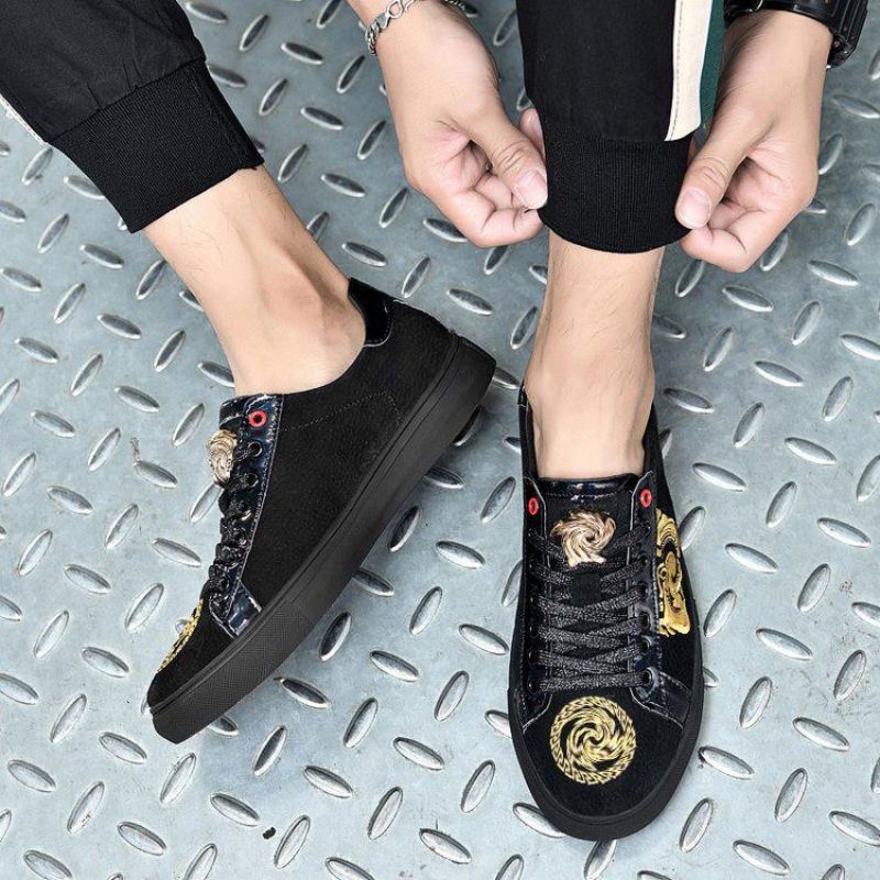 

Sneakers Men Shoes Faux Suede Colorblock Round Toe Thick Sole Fashion Lace-Up Metal Head Pattern Daily Youth Outdoor Casual Shoes HM241, Black