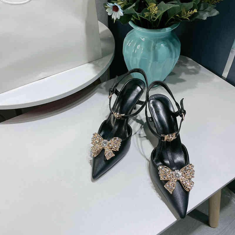 

Sandals High Heels Luxury Shoes Rhinestones Bow Designer Elegant One Line Belt Women Pumps Trend Street 220323, Black