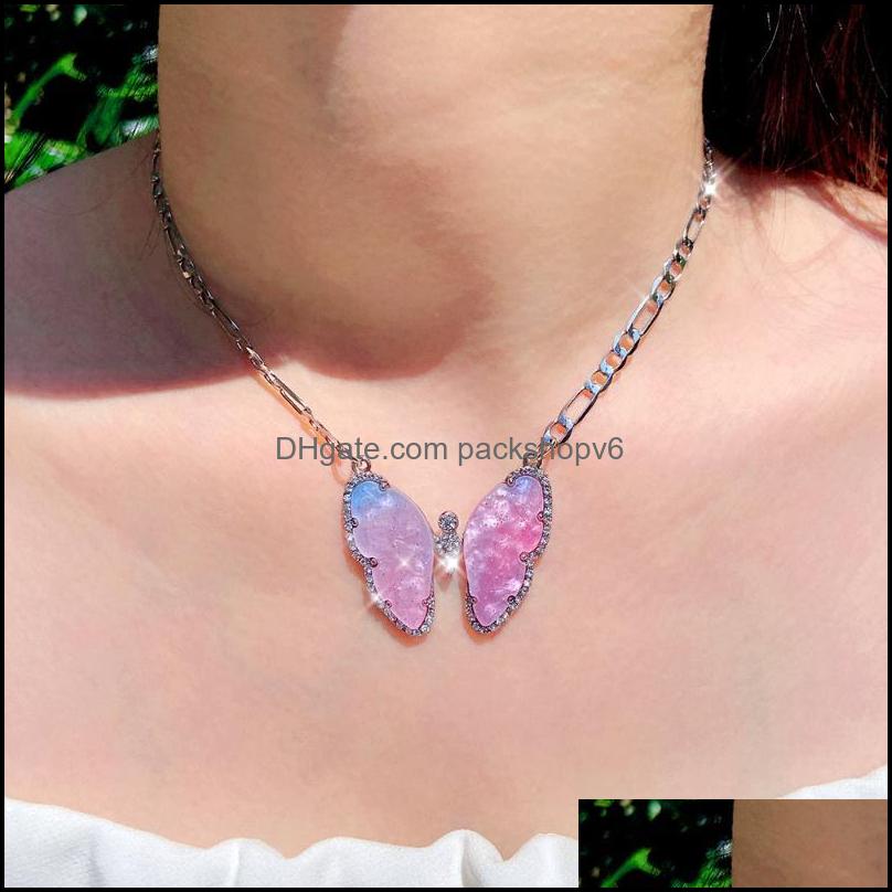 Chaines Flatfoosie Colliers de pendentif en cristal brillant Butterfly pour les femmes conception de couleurs sier gold