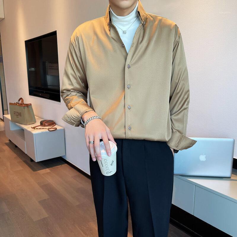 

Men's Casual Shirts Light Luxury Solid Color Long Sleeve Men Fashion Loose Streetwear Harajuku Social Party Tuxedo Clothing, Gray