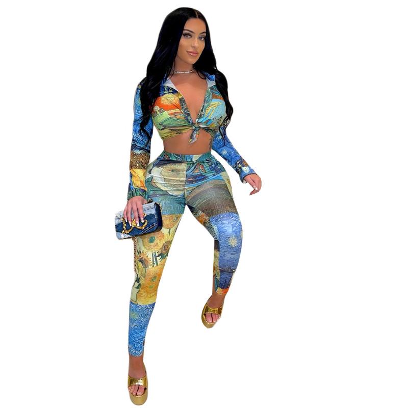 

Women' Two Piece Pants Cutubly Painting Tracksuit Women Sets For Ladies Lapel T-shirt 2 Set Top Pant Women' Trousers Suit Spring Autum, Multicolor