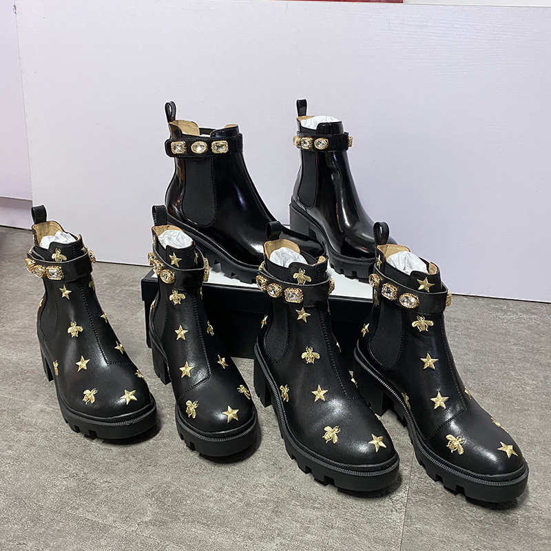 

Fashion Women Martin Boots Top Calfskin Ankle Bee Desert Shoes Chunky High heeled Cowboy Black Brown Diamonds Booties EU42