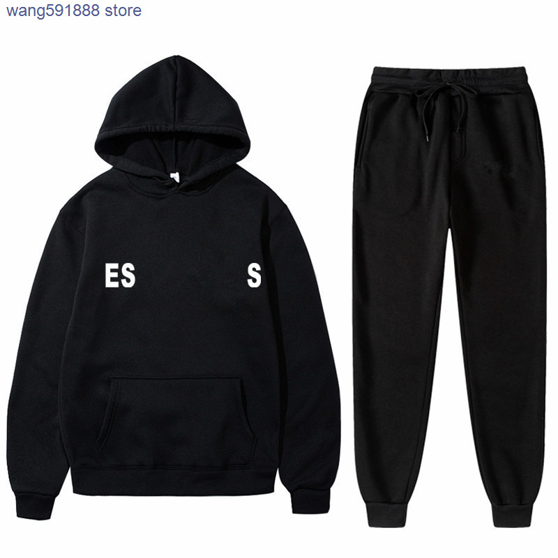 

E032 Hoodie 2022 Fashion High Street Brand Essential Top Pants Two Piece Print Hooded Plush Men and Women D1i5, Blue