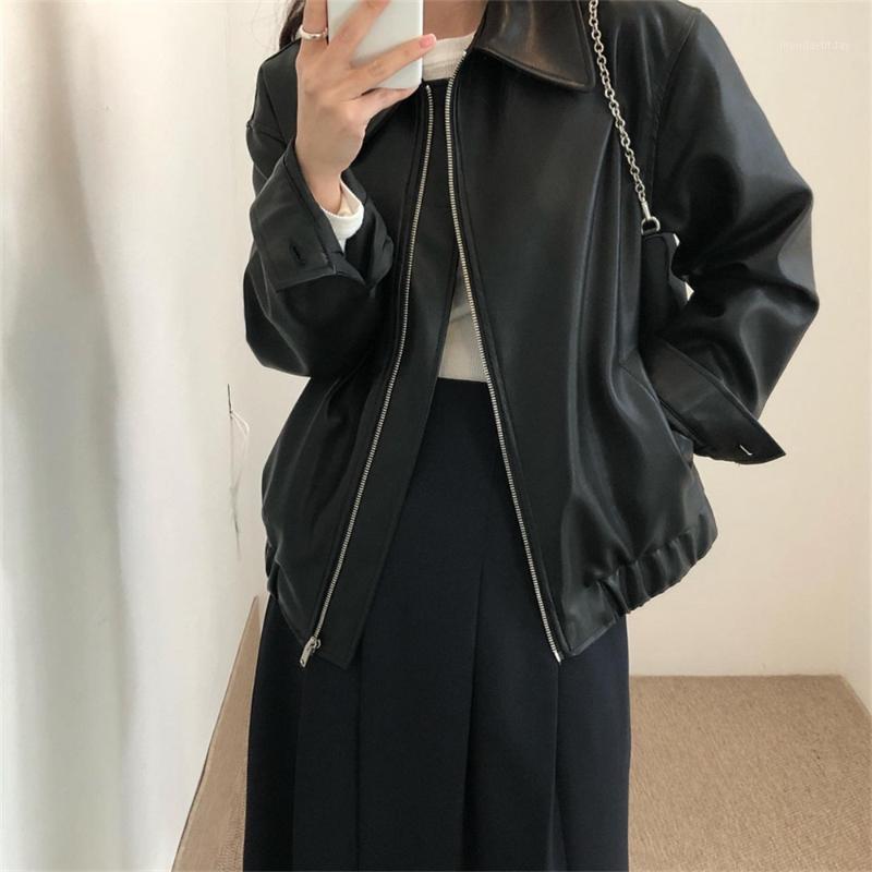 

Women's Leather & Faux Alien Kitty Women Loose PU Jackets Autumn OL 2022 Streetwear Motorcycle Coat Office Lady Casual Outerwear, Beige
