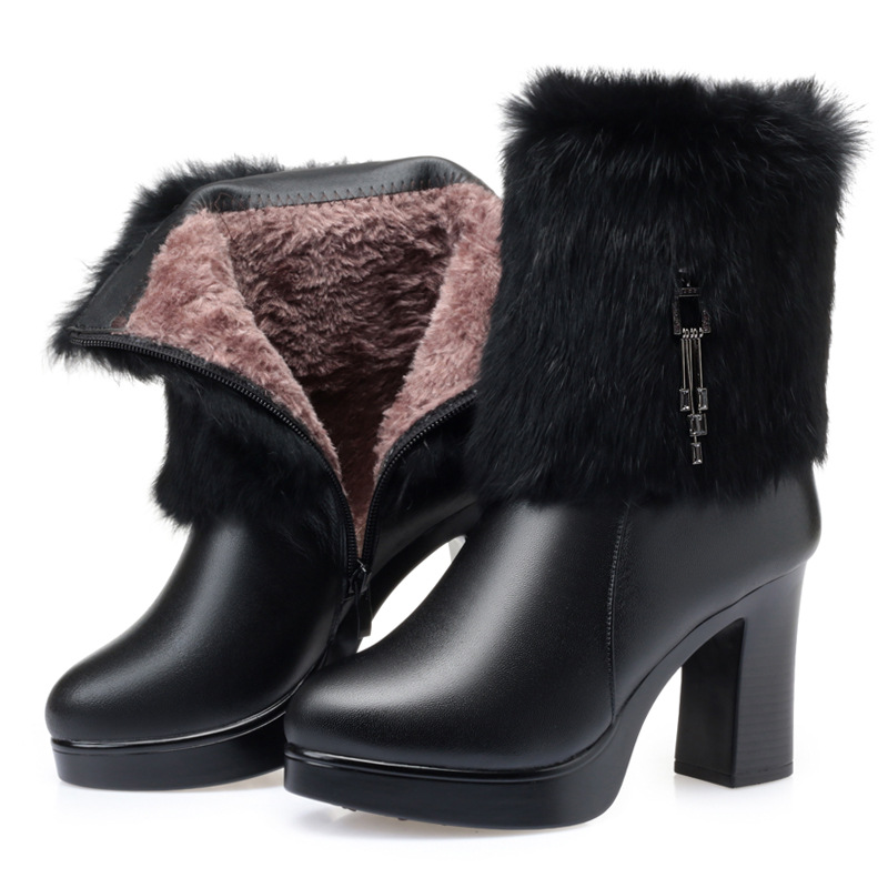 

Wool Warm Women Snow Boots Thick Bottom Genuine Leather Fashion High Heel Fur Warm Shoes Plush Women Ankle Winter Boots, Black1wool