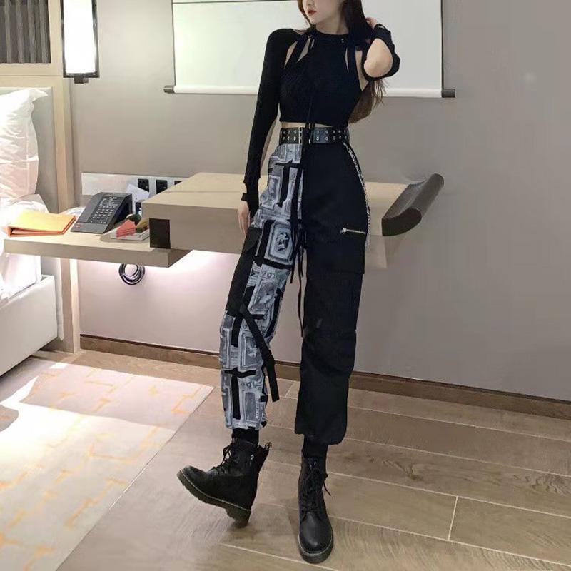 

Women' Pants & Capris High Street Woman Printing Stitching Cargo Loose Waist Harem Ankle-length With Belt Pocket Personality Trousers, Top