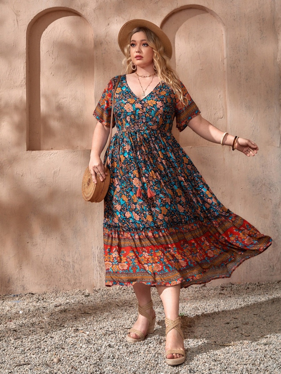 

plus Floral Print Tassel Knot Ruffle Hem Dress A57z#, Multicolor