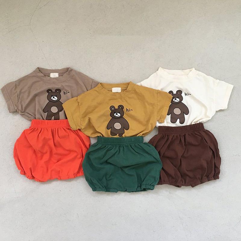 

Clothing Sets Summer Baby Unisex Cartoon Bear Pattern Short SLeeve Set, Coffee