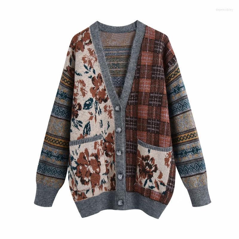 

Women' Knits & Tees Vintage Chic Floral Plaid Patchwork Cardigans Women Fashion Pockets Buttons V-Neck Sweaters Female Casual Jumpers Depe2, As pic