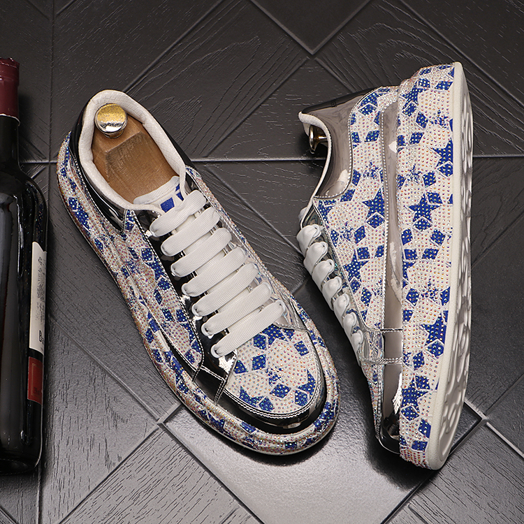 

European Luxury Flat Leather Dress Party Wedding Shoes Rhinestone Fashion Men embroidery Lace Up Loafers Smoking Slipper Casual Sneakers B125, White blue