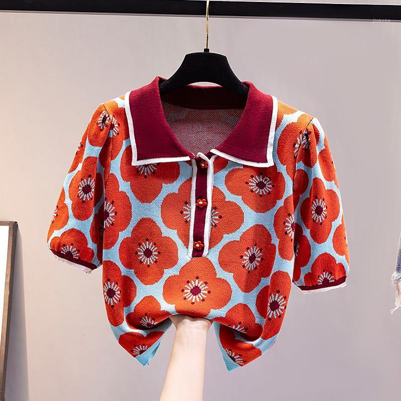 

Women's Sweaters 2022 Summer Vintage Contrast Flower Jacquard Puff Sleeve Knitted Sweater Women Chic Button Thin Pullover Crop Top Pull Femm, Picture color1