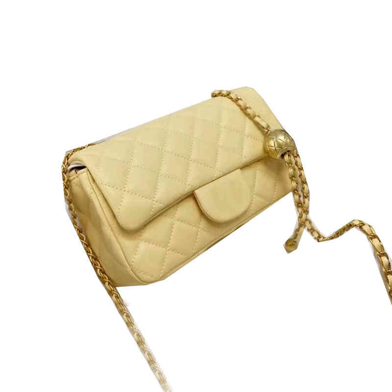 

20CM Womens Classic Mini Flap Lambs Bags Sheepskin Luxury Designer Handbag With Crush Gold Ball Cross Body Brand Clutch Matelasse Chain F/W, Yellow