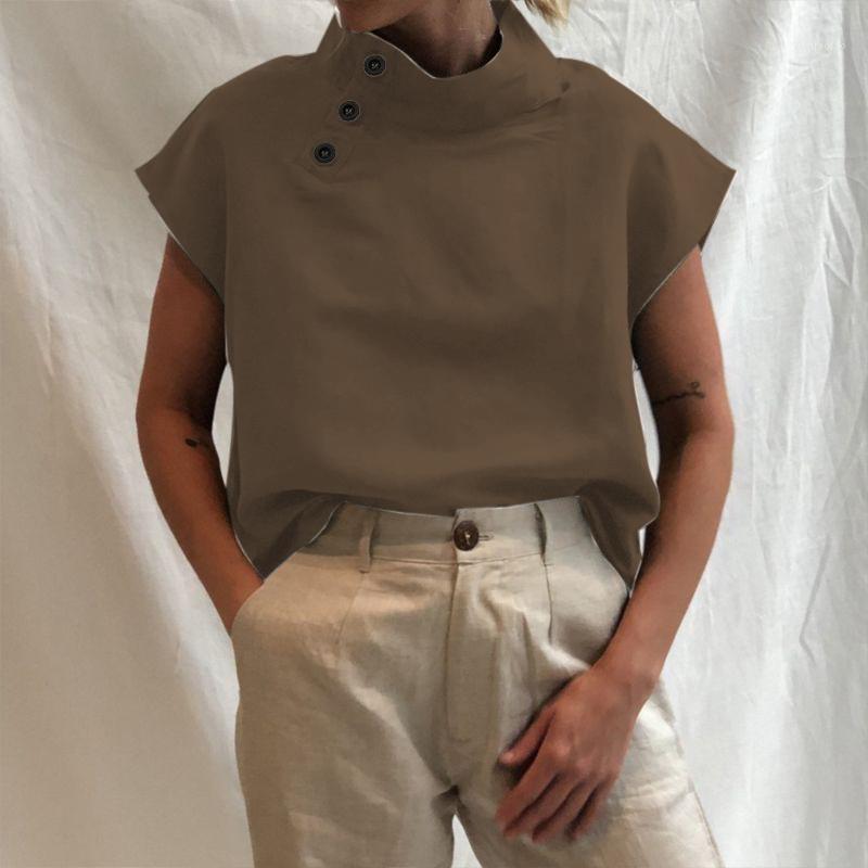

Women' Blouses & Shirts Women Summer Buttons Tops Casual Loose Plus Size Short-Sleeve Pullover Solid Color Buckle Shirt Stand-Up Collar Ele, Ivory