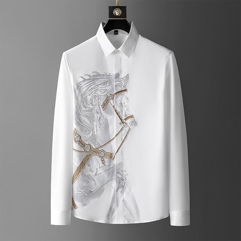 

Men's Casual Shirts Rhinestones Mens Luxury Top Diamond Men's Shirt Long Mouw Slim Black Animal Horse Social Camisa HombreMen's