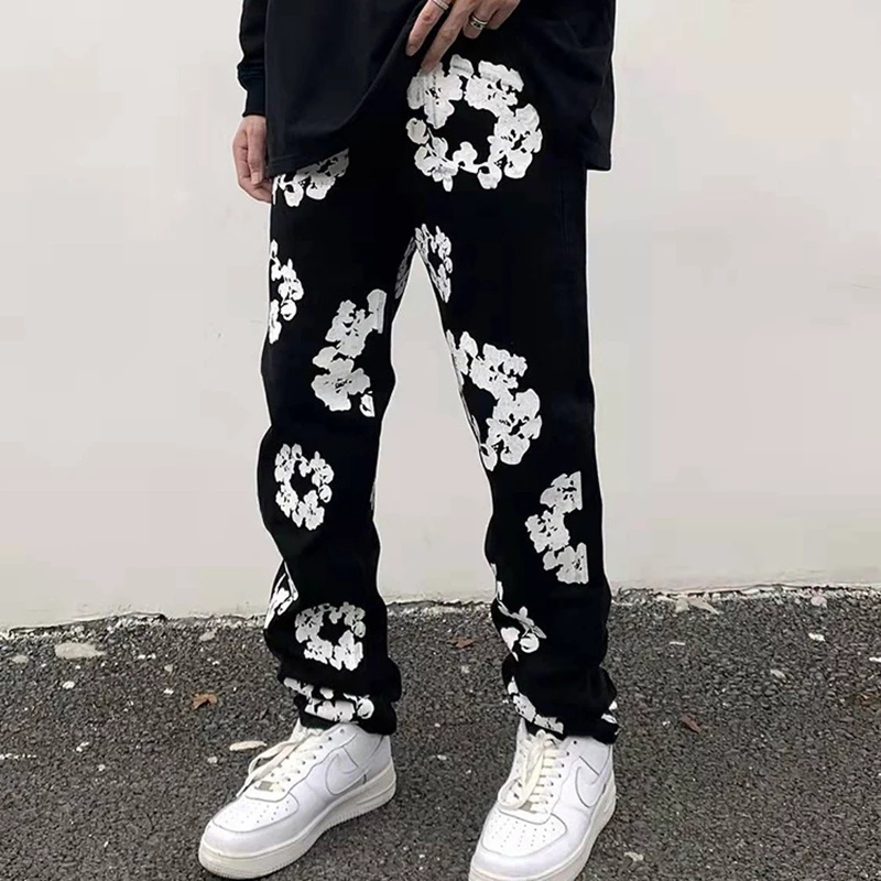 

Floral Print Jeans Pants Street Wear Straight Jean Men Vintage Washed Denim Pant, Blue