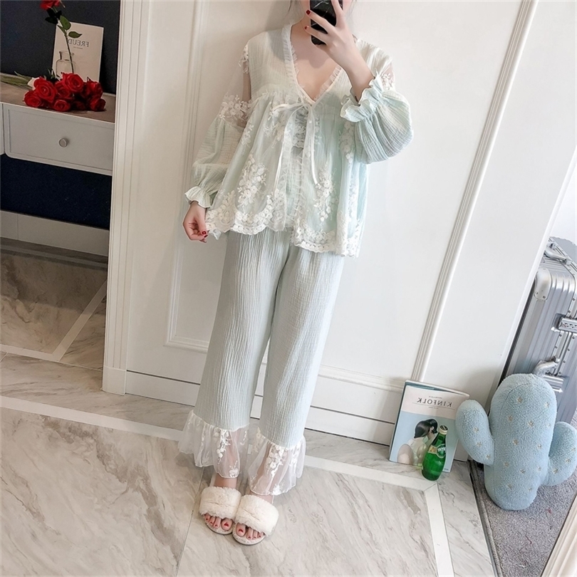 

Pajamas Women Pajamas Set 3 pcs Cotton Lace Pajamas set Long sleeve Sleepwear White Pink Green Pruple 201114, Purple