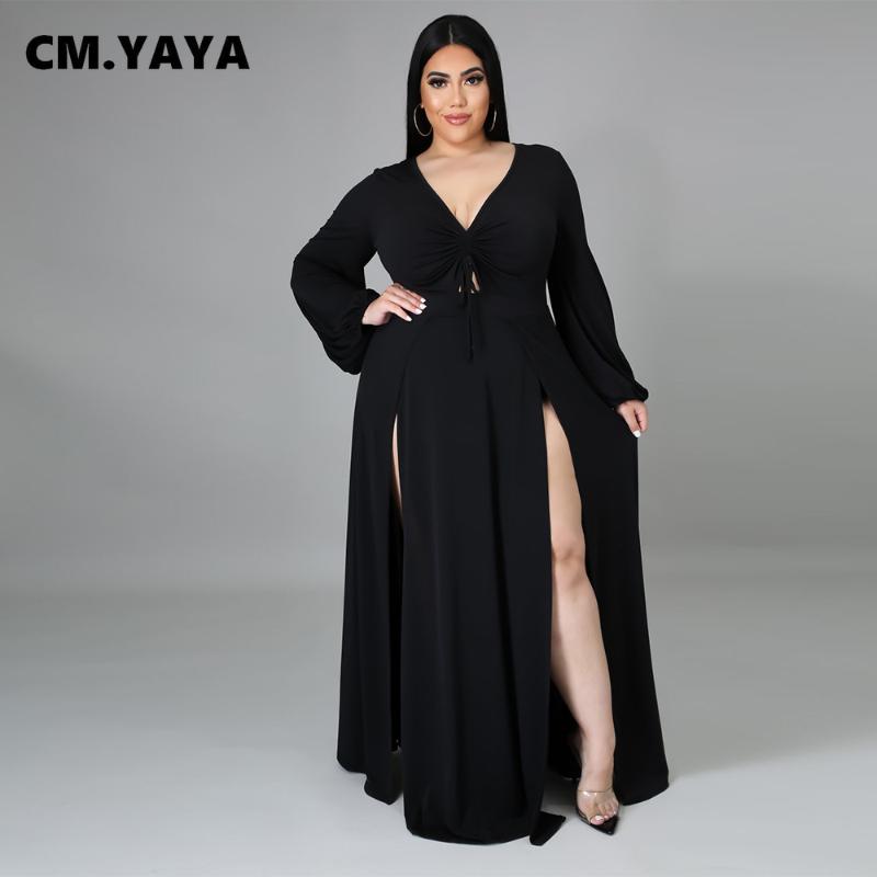 

Plus Size Dresses CM.YAYA Women Dress Solid Full Lantern Sleeve V-neck Loose Split Maxi Long Sexy Fashion Party Vestidos SummerPlus, Black