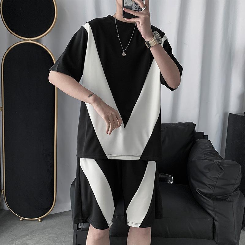 

Men's Tracksuits Korean Two-piece Suit Summer Color Matching Tide Brand Sports Men's Short-sleeved Loose Sweat Shirt Five-point ShortsMe, Black