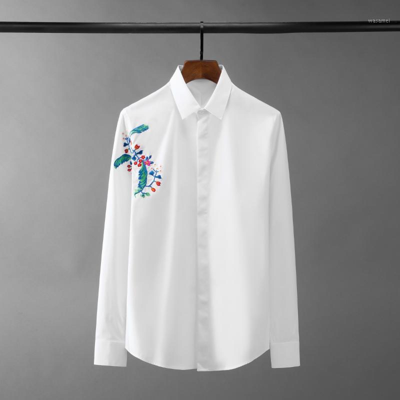 

Minglu Cotton Male Shirts High Quality Long Sleeve Embroidery Casual Mens Dress Fashion Slim Fit Party Man 4XL Men's, White