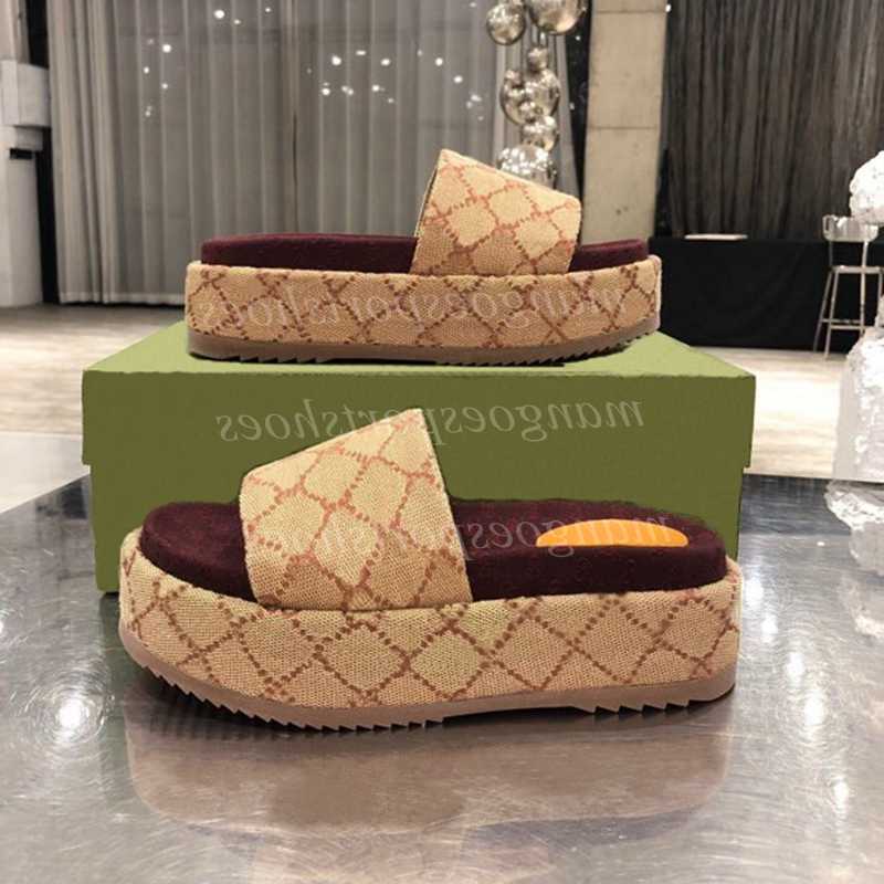 

2022 Designer Slippers Fashion Thick Bottom Sandals Letter Embroidery Slides Lady Platform Wedges Sandal Beach High Heel with Box Brown