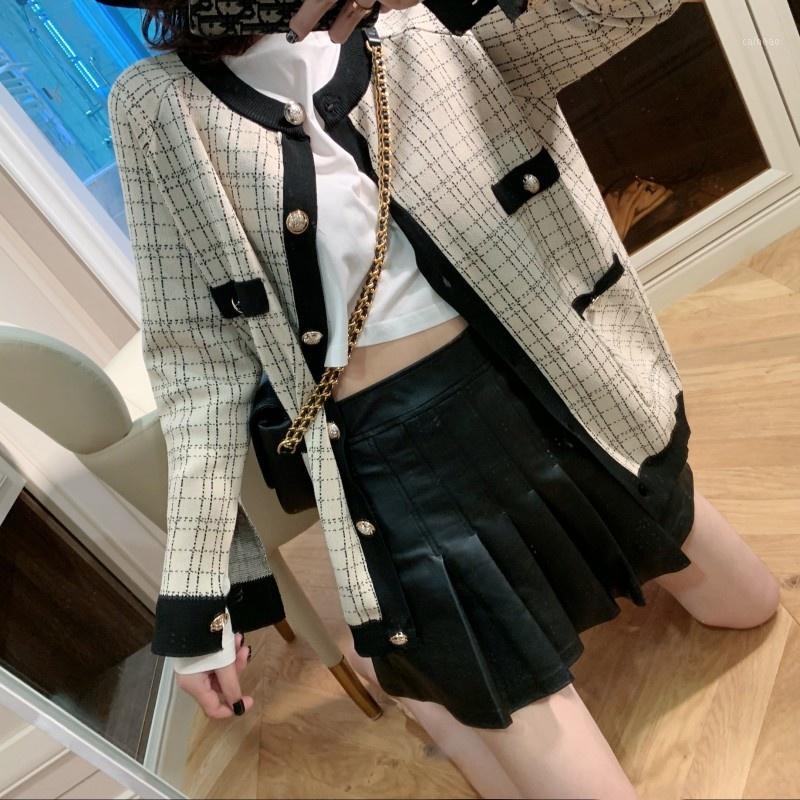 

Women's Jackets Autumn Women Plaid Tweed Jacket O-Neck Loose Streetwear Knitting Cardigans Single Breasted Elegant Office Ladies Short Coat, Black