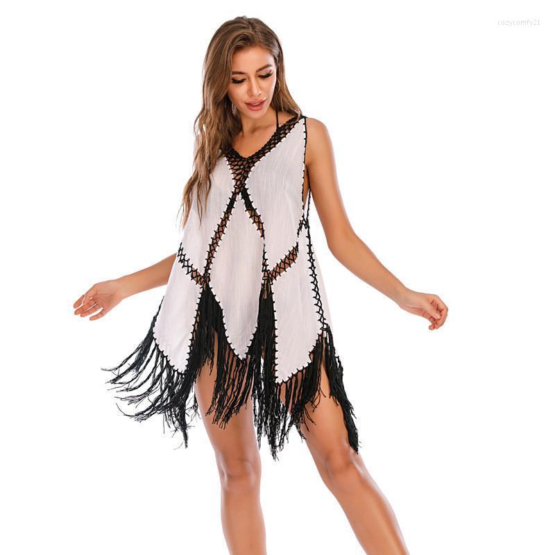 

Patchwork Tassel Beach Cover Up Women Swimsuit Crochet Bikini Cover-up Swimwear Bathing Suits Summer Loose Mini Dress Saida Women's, White