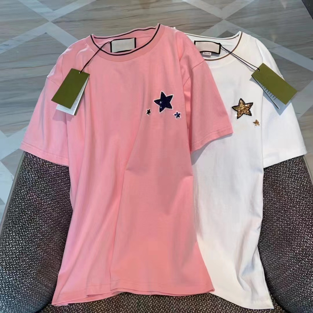 

New Luxury Women's T-Shirt Pink Embroidery Letter Logo Short Sleeve High Quality Loose Comfy Streetwear 2022 Summer Ladies Clothes, White