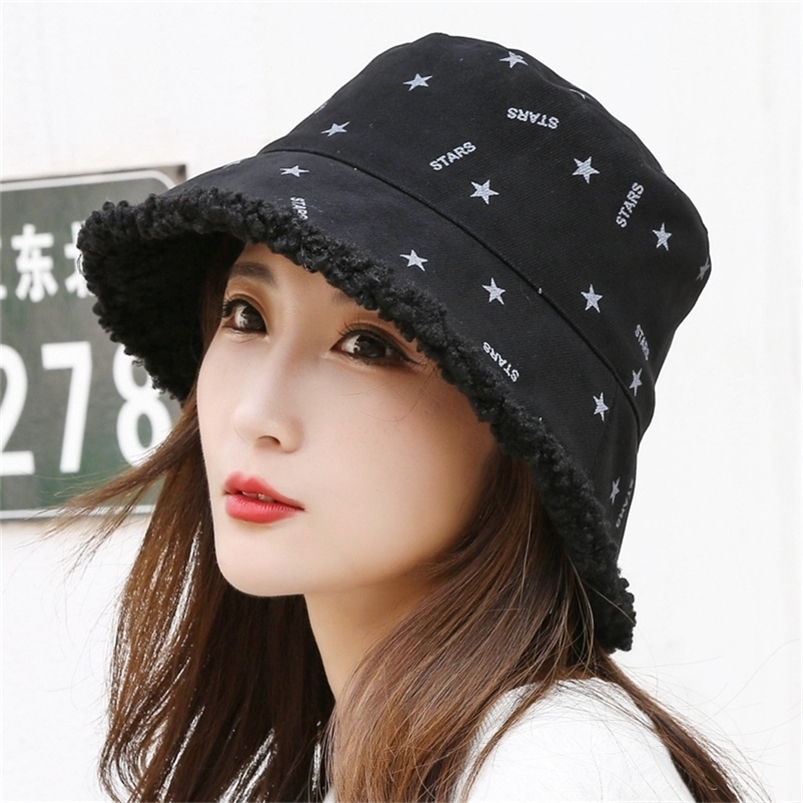 Wool Fleece Bucket Hat Women's Autumn and Winter Panama Fishing Hat Keep Warm Windproof Fashion KOREAN Dots Star Outdoor Cap 220812