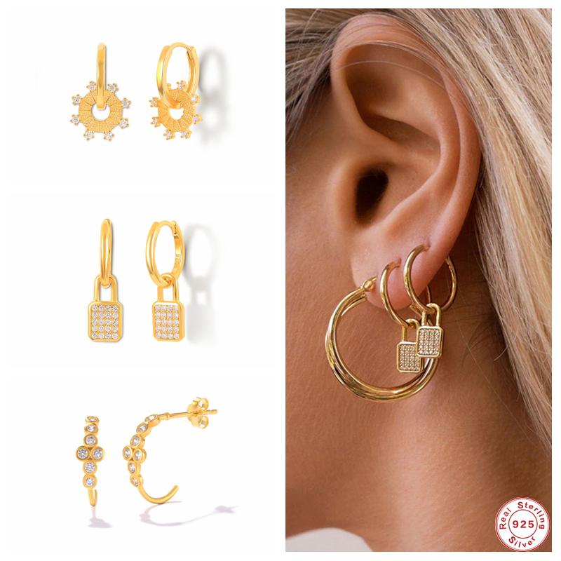 

Hoop & Huggie Aide 925 Sterling Silver White Zircons Opening Circle Earrings With Padlock Charm Sun Disc Pendant Stackable EarringsHoop