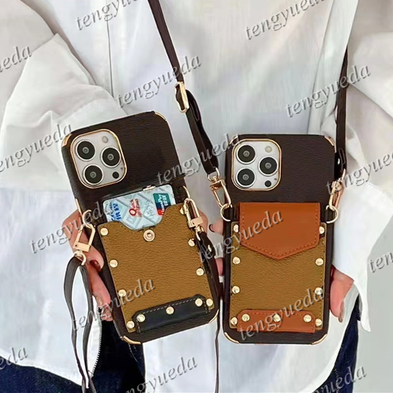 

Fashion Designer Card Holder Phone Cases for iPhone 14 14pro 14plus 13 12 11 13 pro max XR Xsmax Leather Luxury Cellphone Cover Case and phone Lanyard, L2-black (with lanyard)