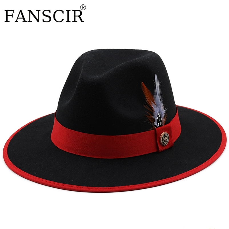 

Couple Jazz Hats Wide Brimmed Wool Fedora Hat Women Black White Fascinator Wedding Church With Feather Fuxury Belts For Hats Men 220812, Gray wine red(5)